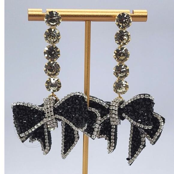 Jewelry - Bowknot Dangle Earrings Faux Crystal and Rhinestones Black Sparkle Party Prom